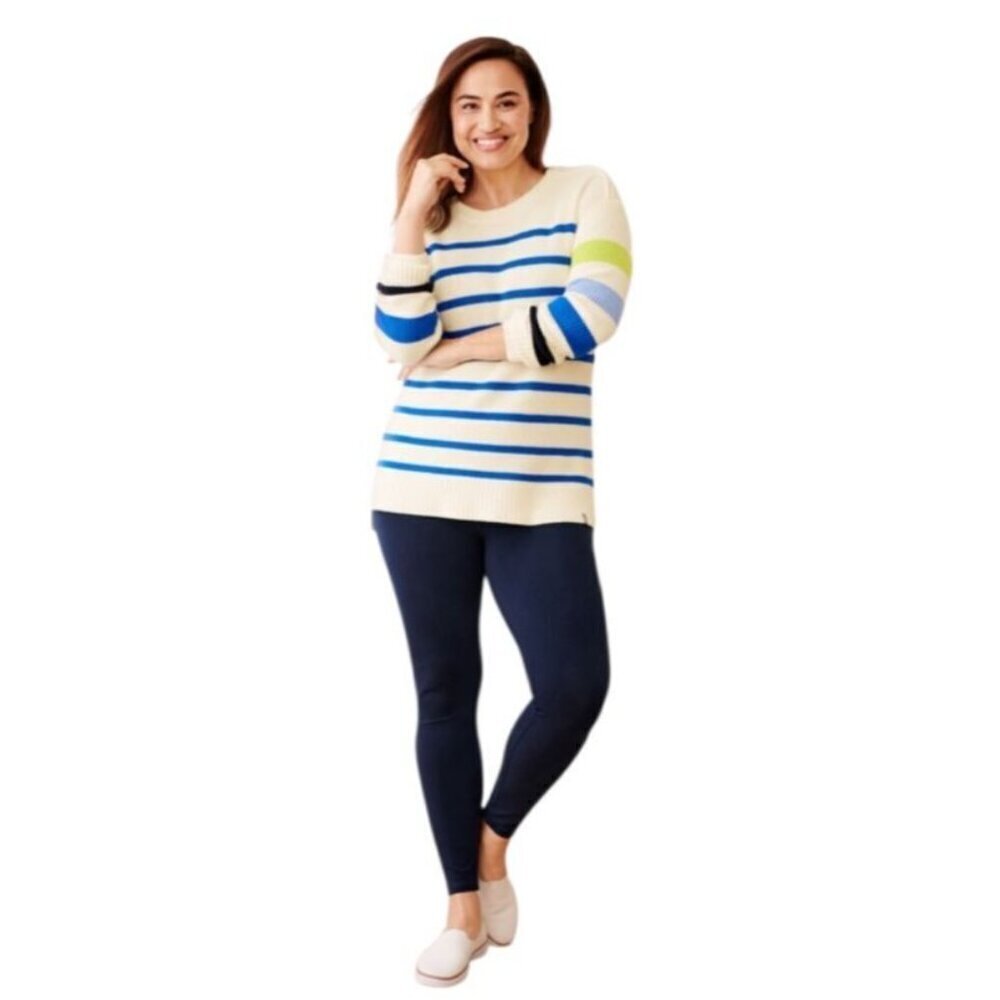 T by Talbots Multi Stripe Crewneck High-Low Sweater Ivory Blue Medium - Picture 3 of 11